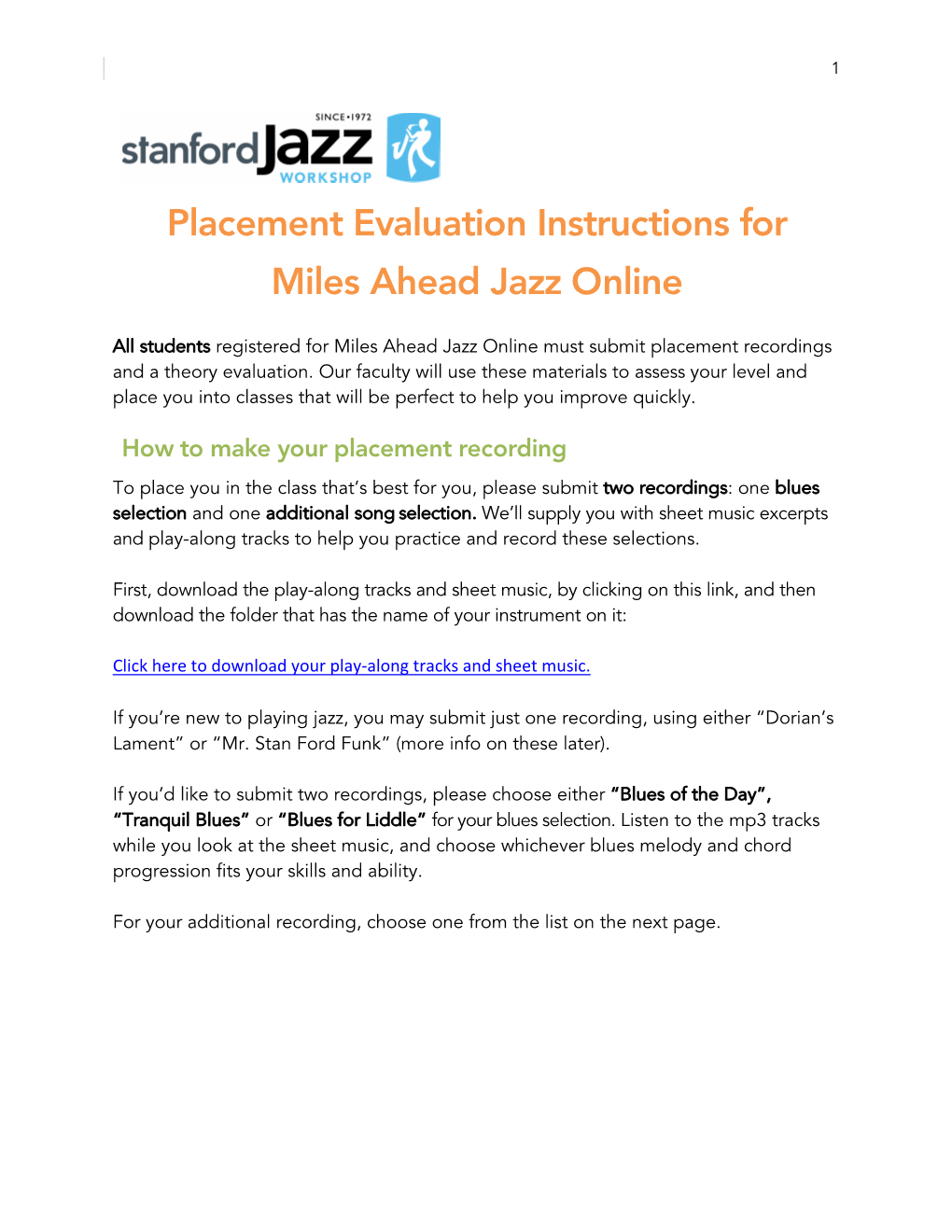 Miles Ahead Jazz Online Placement Information 080720