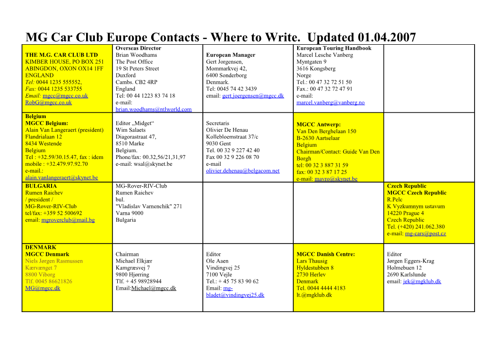 MG Car Club Europe Contacts - Where to Write. Updated 01.04.2007