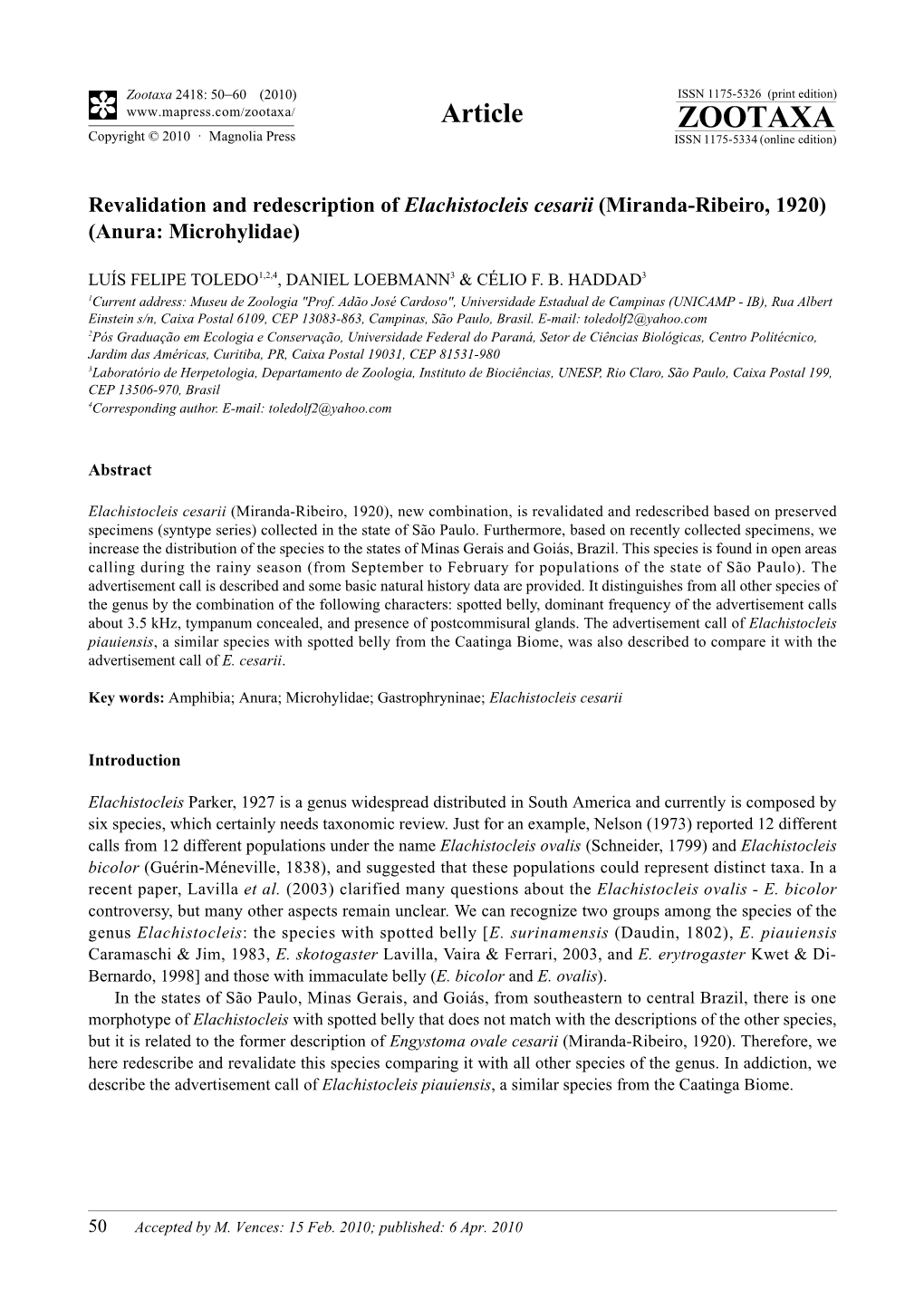 Zootaxa, Revalidation and Redescription of Elachistocleis Cesarii