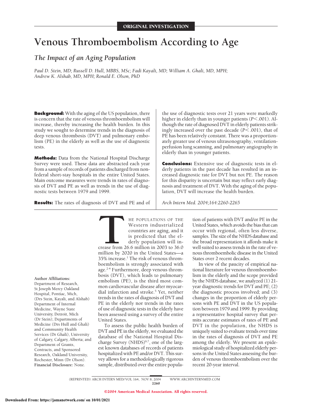 Venous Thromboembolism According to Age the Impact of an Aging Population