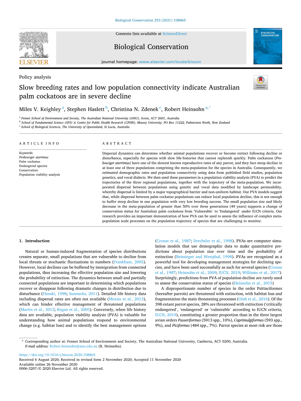 Slow Breeding Rates and Low Population Connectivity Indicate Australian Palm Cockatoos Are in Severe Decline