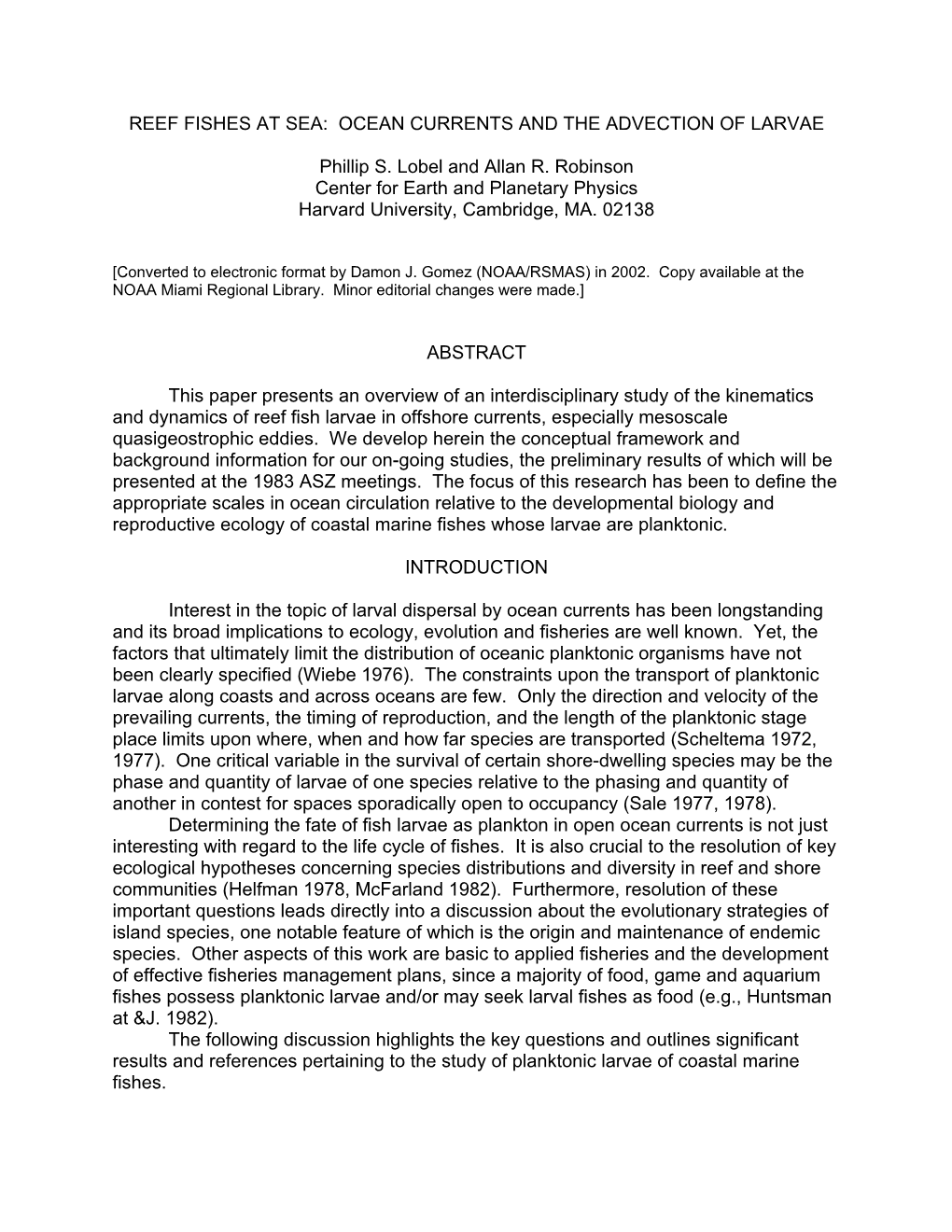 Reef Fishes at Sea: Ocean Currents and the Advection of Larvae