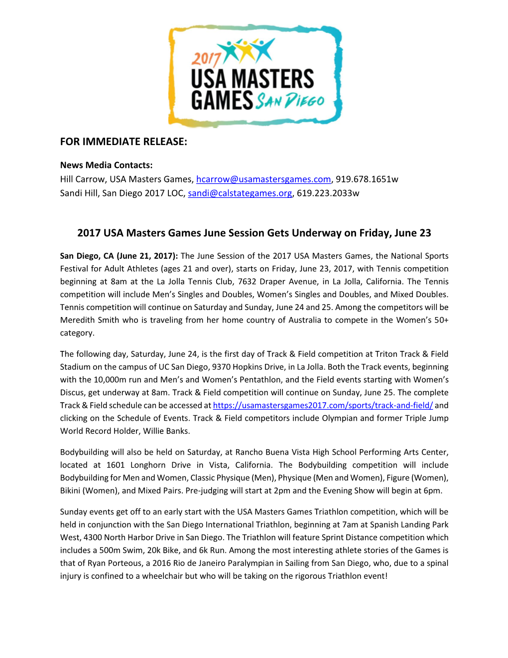 2017 USA Masters Games June Session Press Release