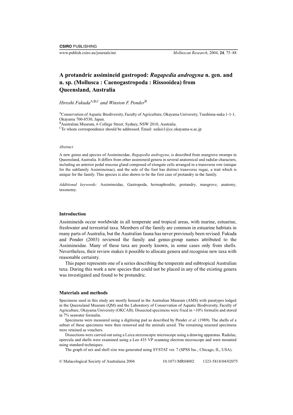 A Protandric Assimineid Gastropod: Rugapedia Androgyna N. Gen. and N