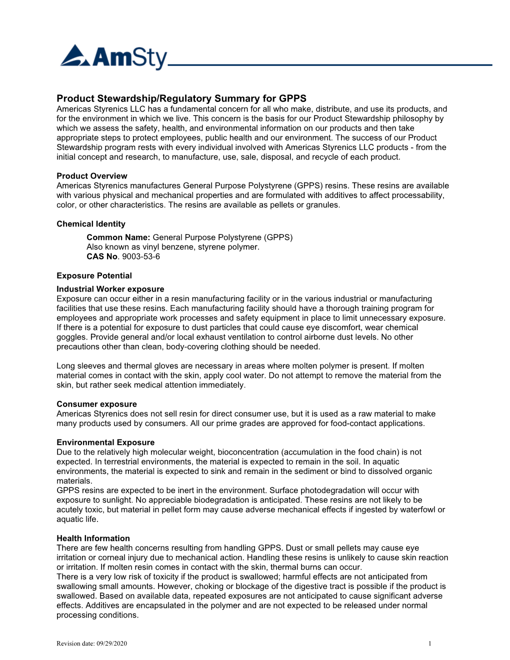 Product Stewardship/Regulatory Summary for GPPS