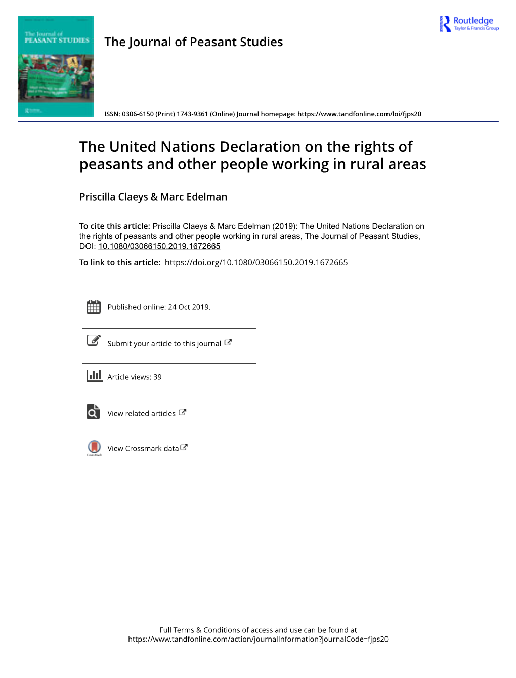 The United Nations Declaration on the Rights of Peasants and Other People Working in Rural Areas