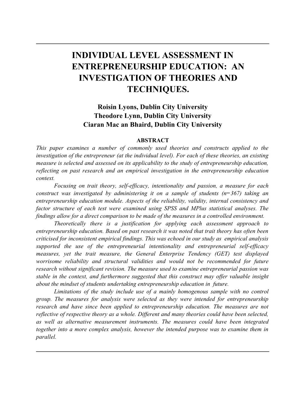 Individual Level Assessment in Entrepreneurship Education: an Investigation of Theories