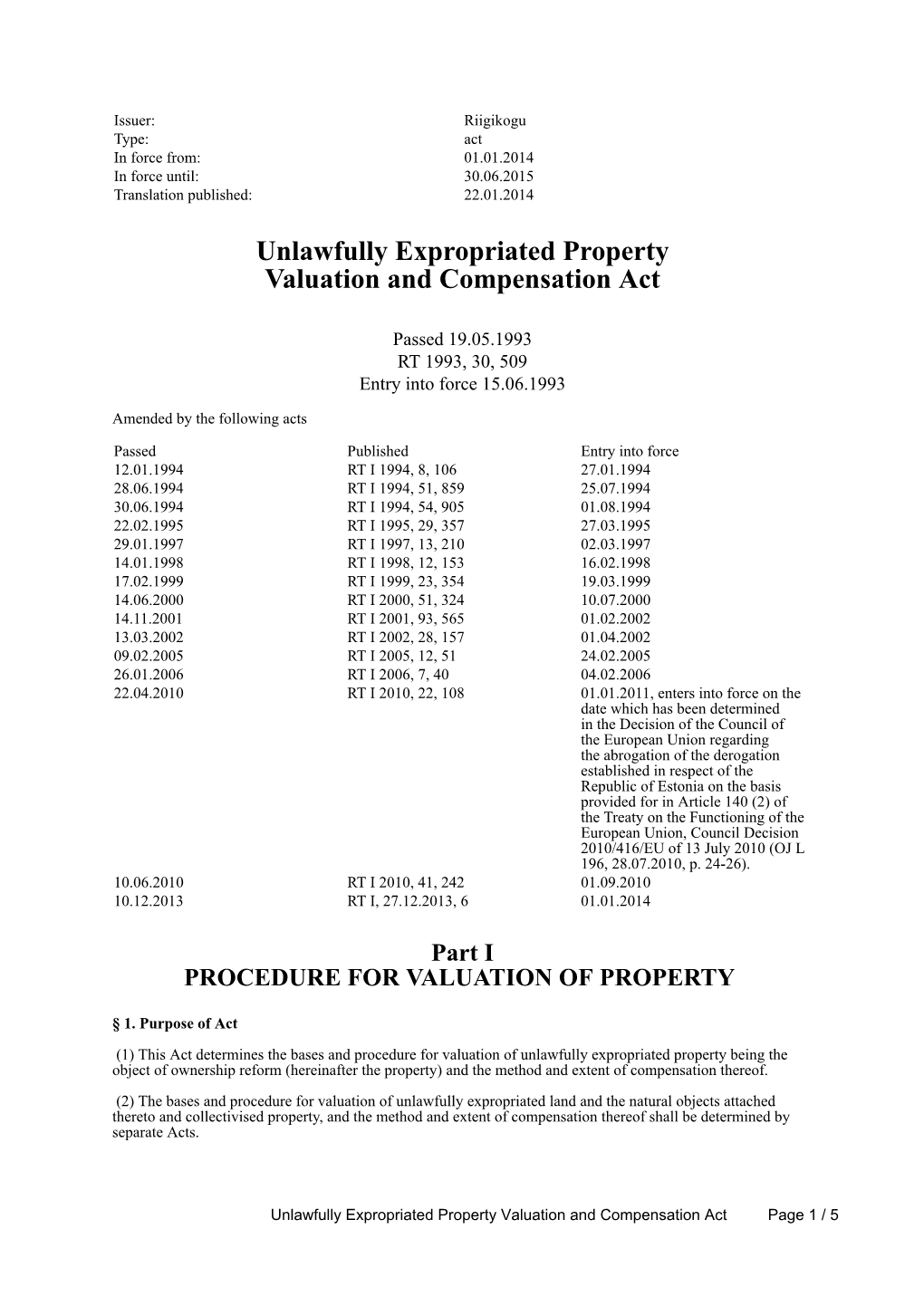 Unlawfully Expropriated Property Valuation and Compensation Act