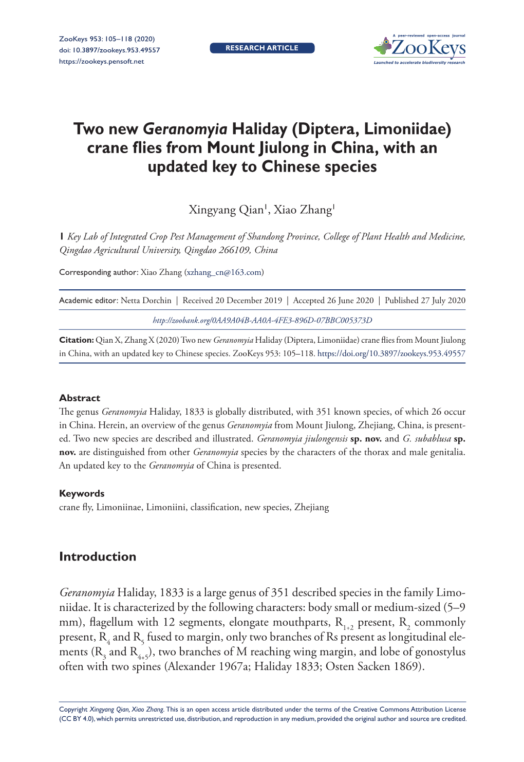 Two New Geranomyia Haliday (Diptera, Limoniidae) Crane Flies from Mount Jiulong in China, with an Updated Key to Chinese Species