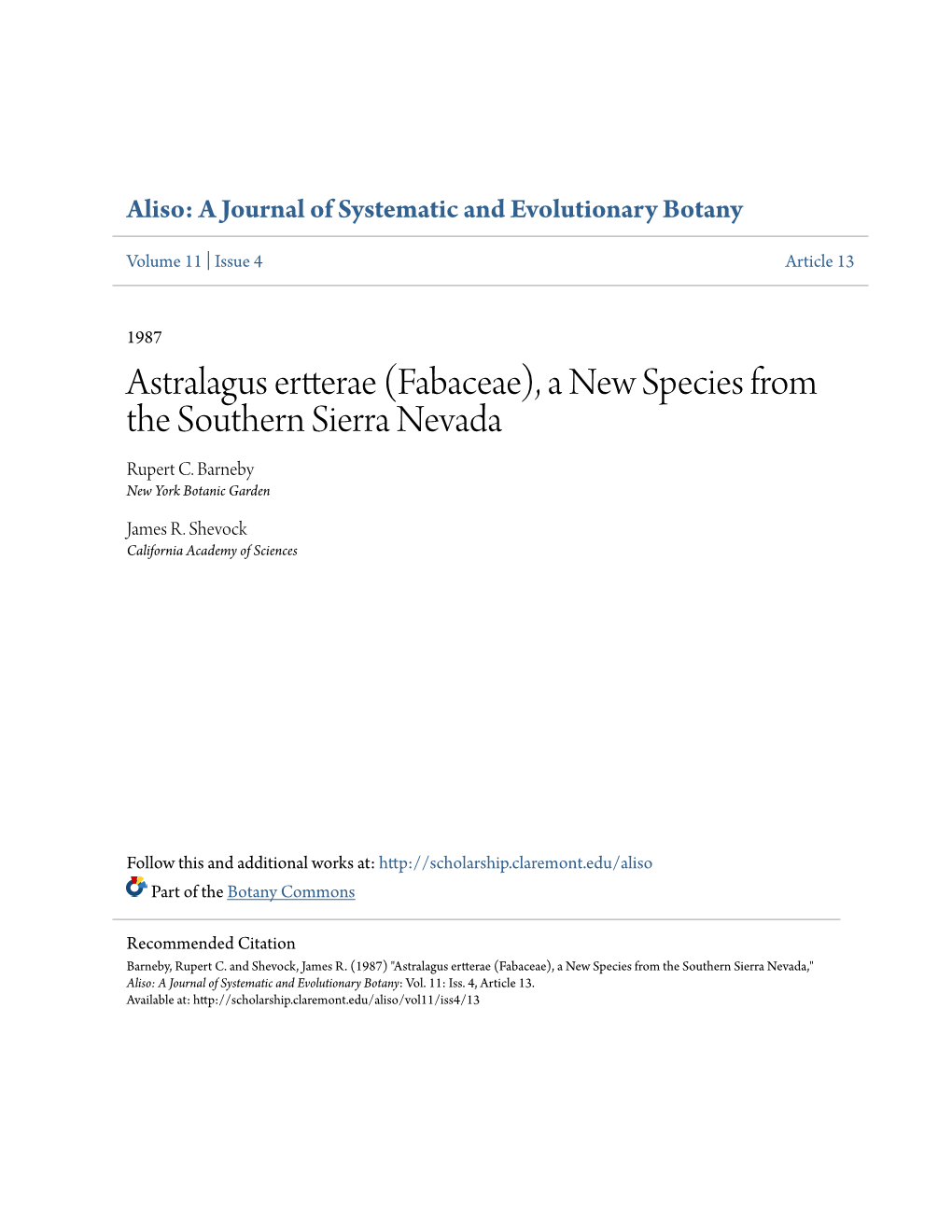 Astralagus Ertterae (Fabaceae), a New Species from the Southern Sierra Nevada Rupert C