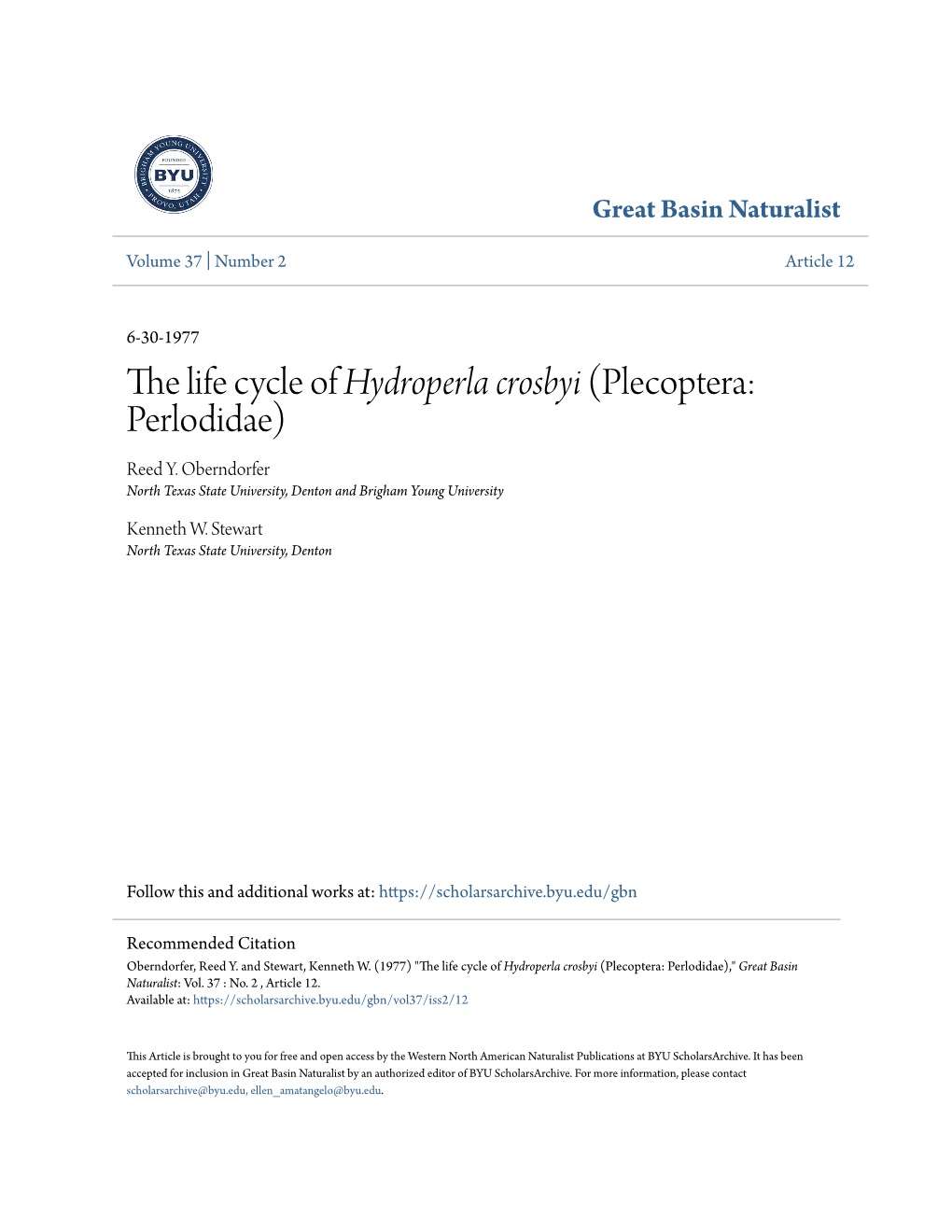 The Life Cycle of Hydroperla Crosbyi (Plecoptera: Perlodidae) Reed Y