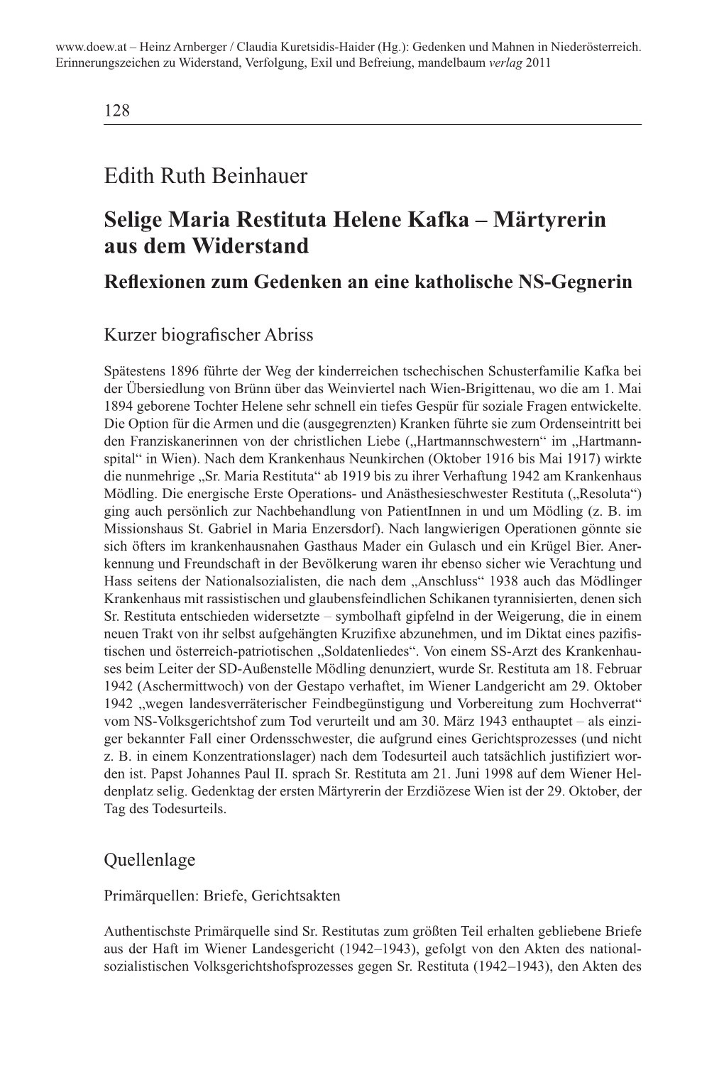 Edith Ruth Beinhauer Selige Maria Restituta Helene Kafka – Märtyrerin Aus Dem Widerstand Reflexionen Zum Gedenken an Eine Katholische NS-Gegnerin