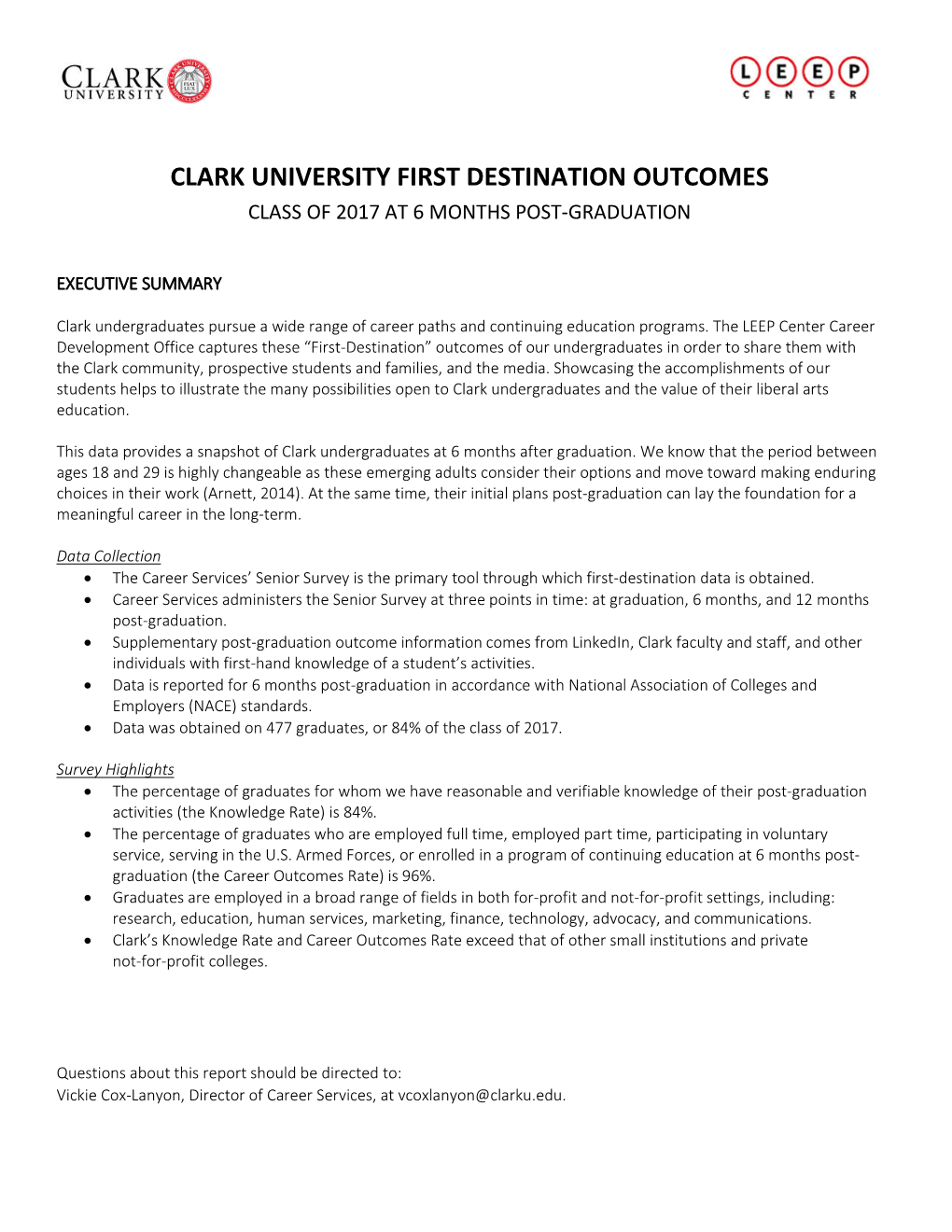 Clark University First Destination Outcomes Class of 2017 at 6 Months Post-Graduation