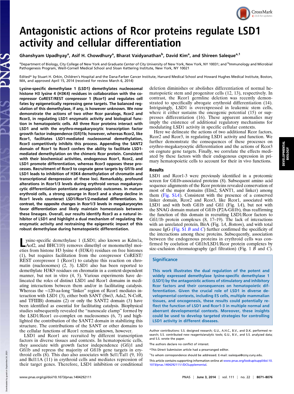 Antagonistic Actions of Rcor Proteins Regulate LSD1 Activity and Cellular Differentiation