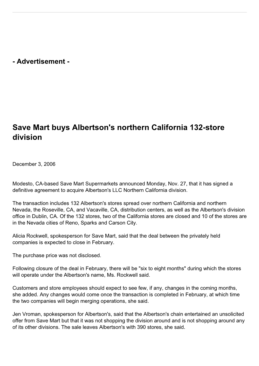 Save Mart Buys Albertson's Northern California 132-Store Division