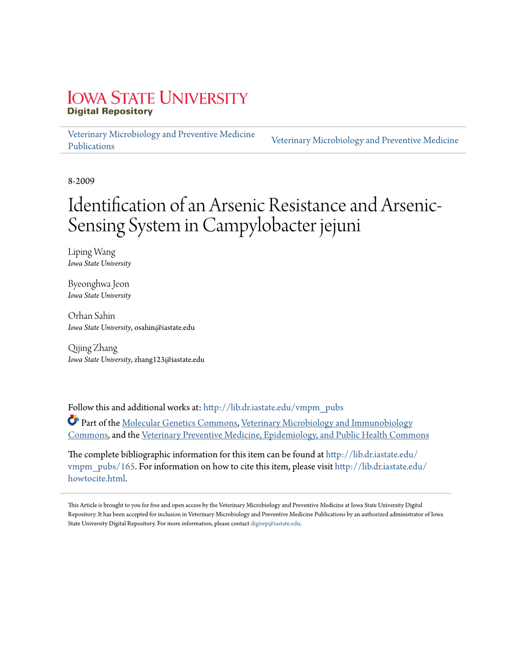 Identification of an Arsenic Resistance and Arsenic-Sensing System in Campylobacter Jejuni