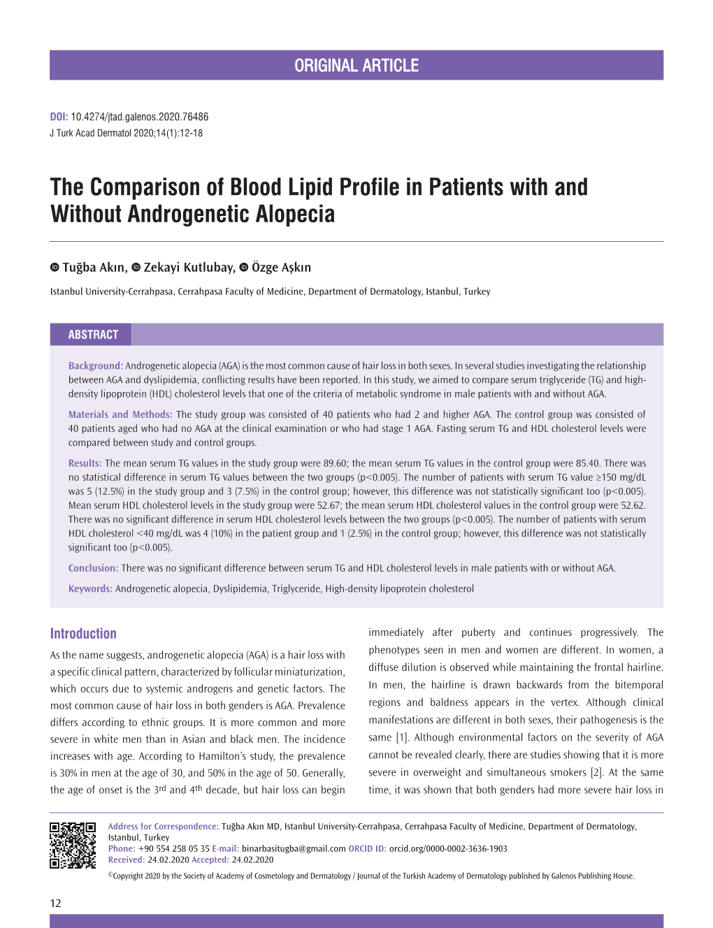 The Comparison of Blood Lipid Profile in Patients with and Without Androgenetic Alopecia