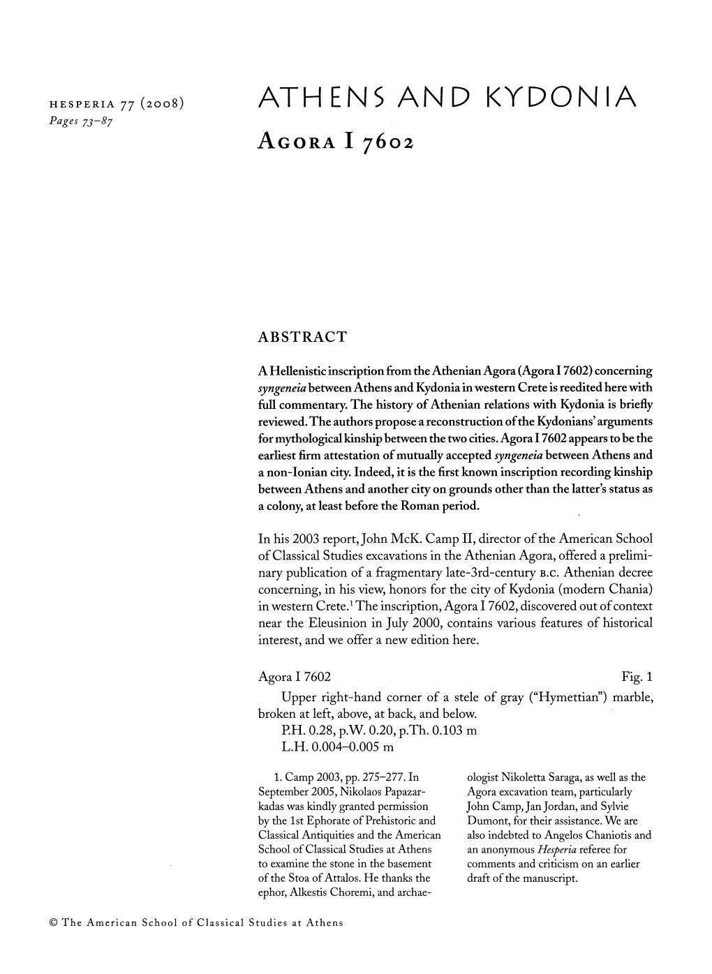 ATHENS and KYDONIA Pages 73-87 Agora I 7602
