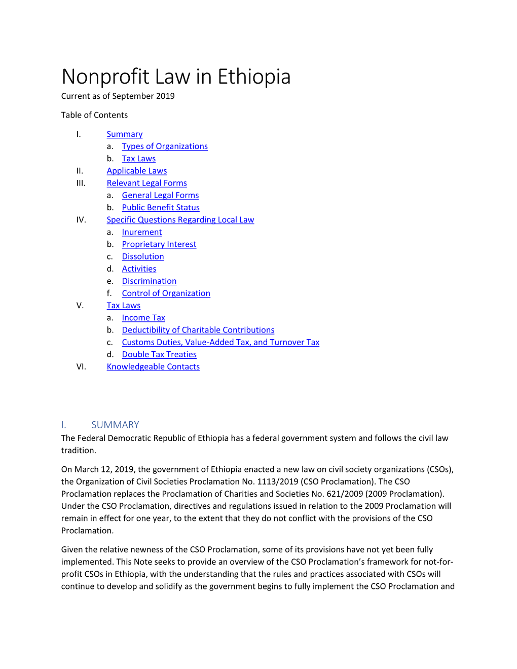 Nonprofit Law in Ethiopia Current As of September 2019