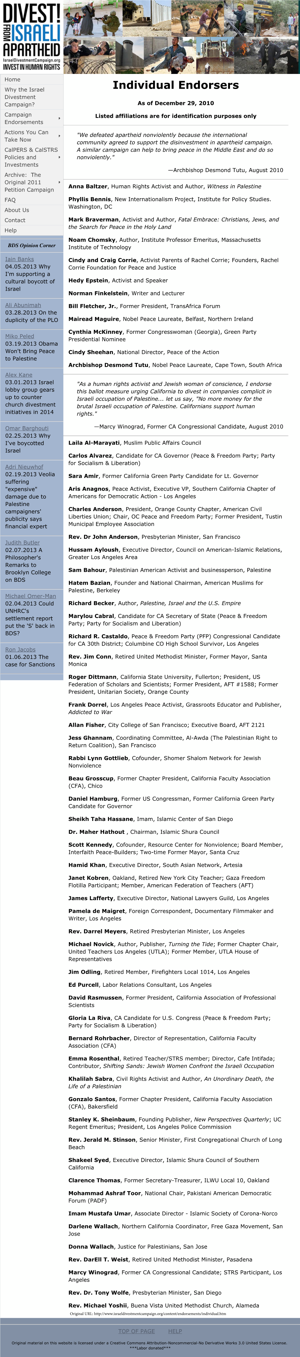 Individual Endorsers Divestment Campaign? As of December 29, 2010