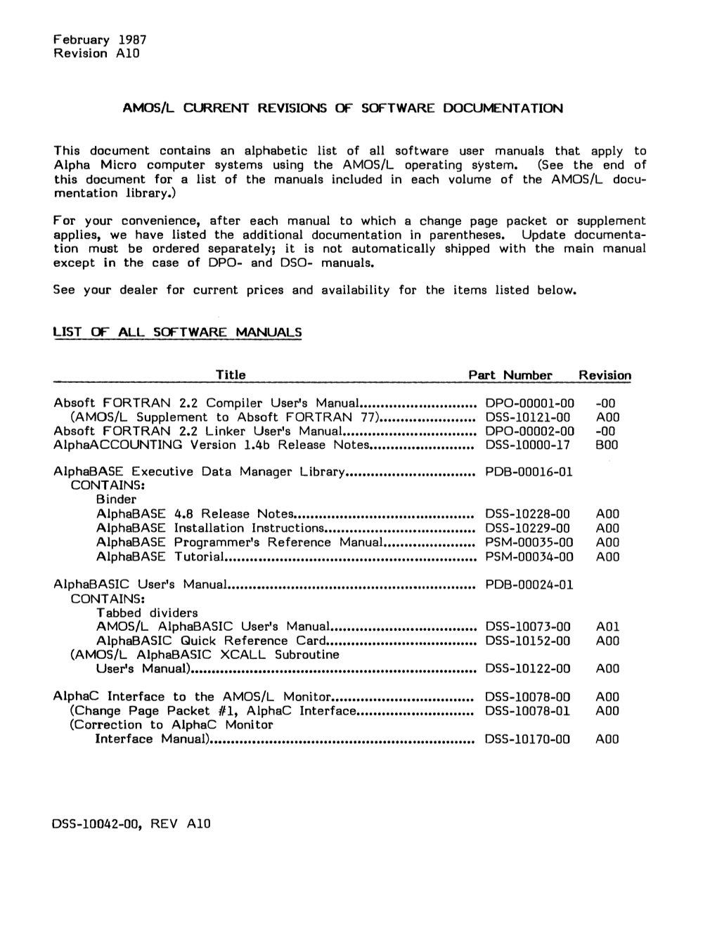 February 1987 Revision A10 AMOS/L CURRENT REVISIONS OF