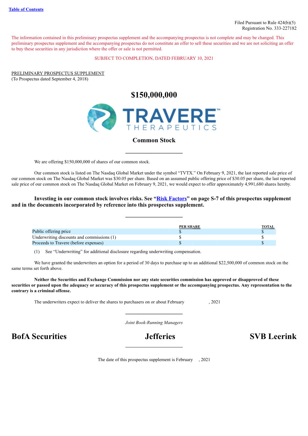 $150000000 Bofa Securities Jefferies SVB Leerink