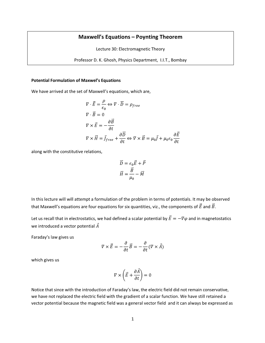 Maxwell's Equations – Poynting Theorem