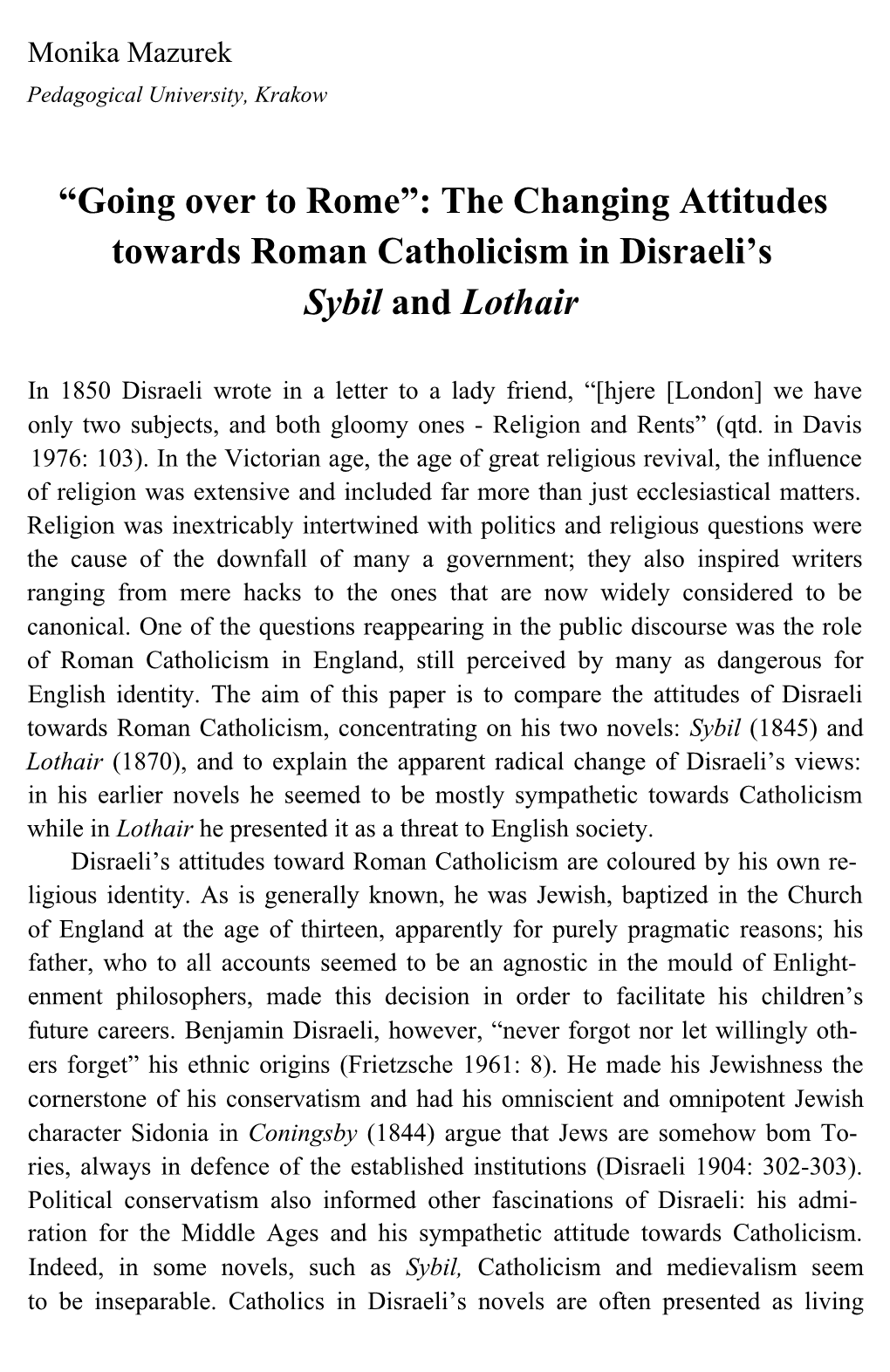 The Changing Attitudes Towards Roman Catholicism in Disraeli's