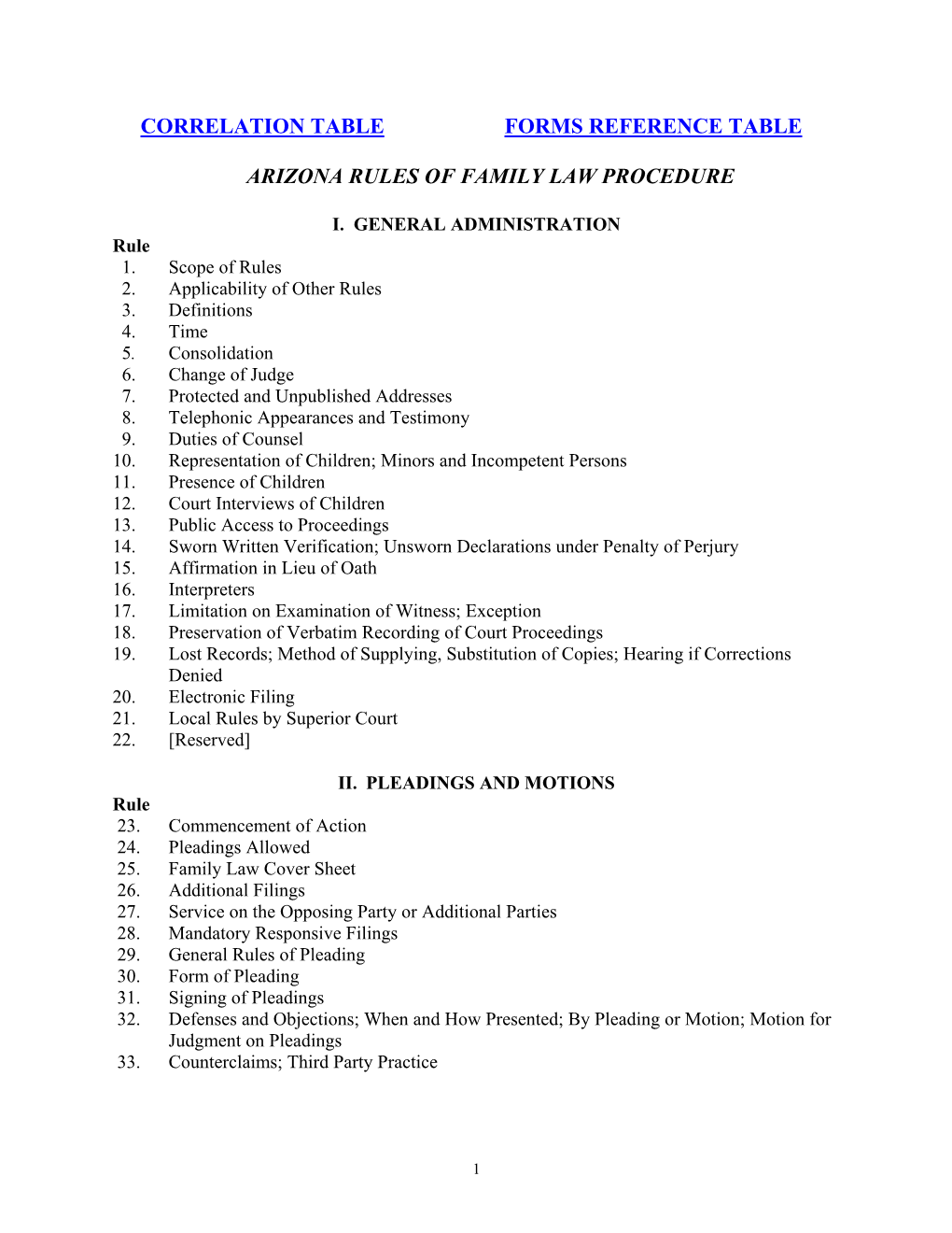 Correlation Table Forms Reference Table Arizona Rules of Family Law Procedure