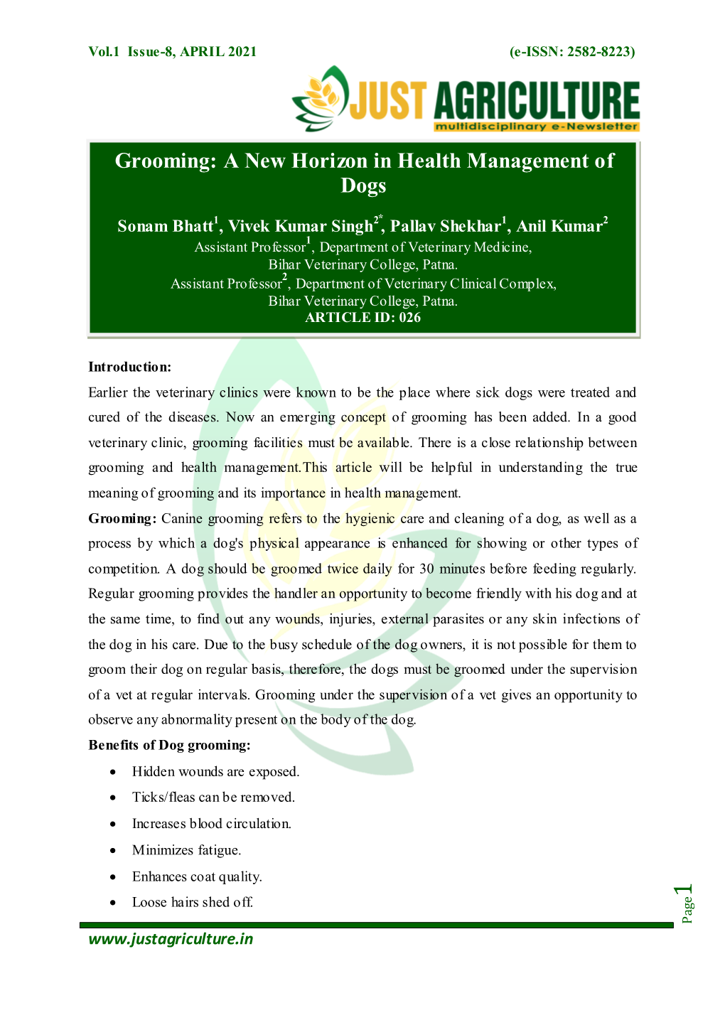 Grooming: a New Horizon in Health Management of Dogs