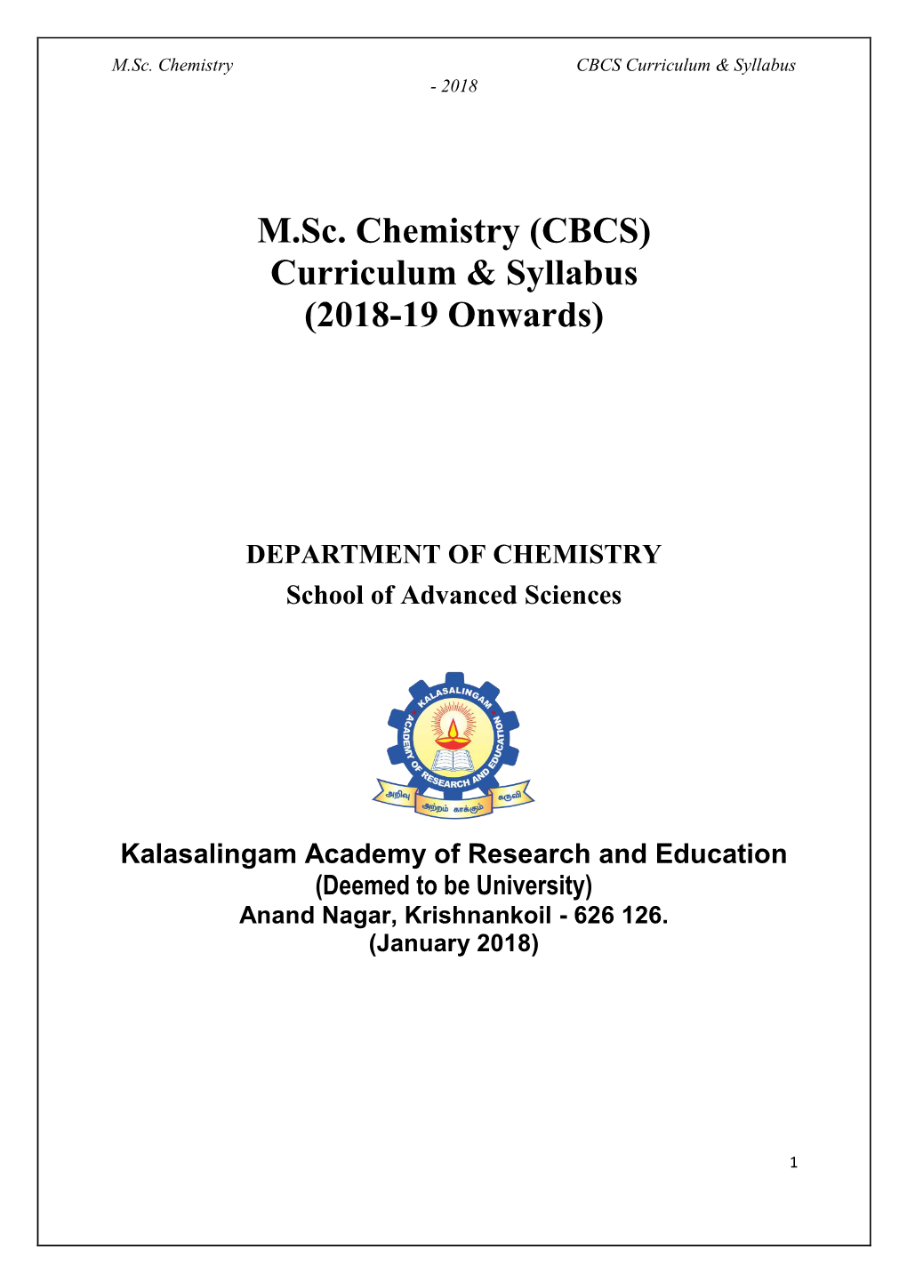 M.Sc. Chemistry (CBCS) Curriculum & Syllabus (2018-19 Onwards)