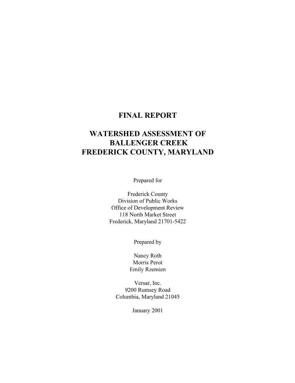 Final Report Watershed Assessment of Ballenger Creek Frederick County