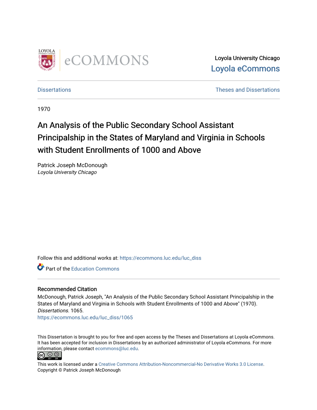 An Analysis of the Public Secondary School Assistant Principalship in the States of Maryland and Virginia in Schools with Student Enrollments of 1000 and Above