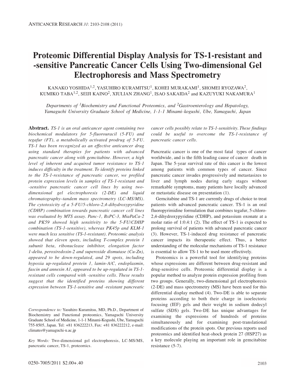 Sensitive Pancreatic Cancer Cells Using Two-Dimensional Gel Electrophoresis and Mass Spectrometry