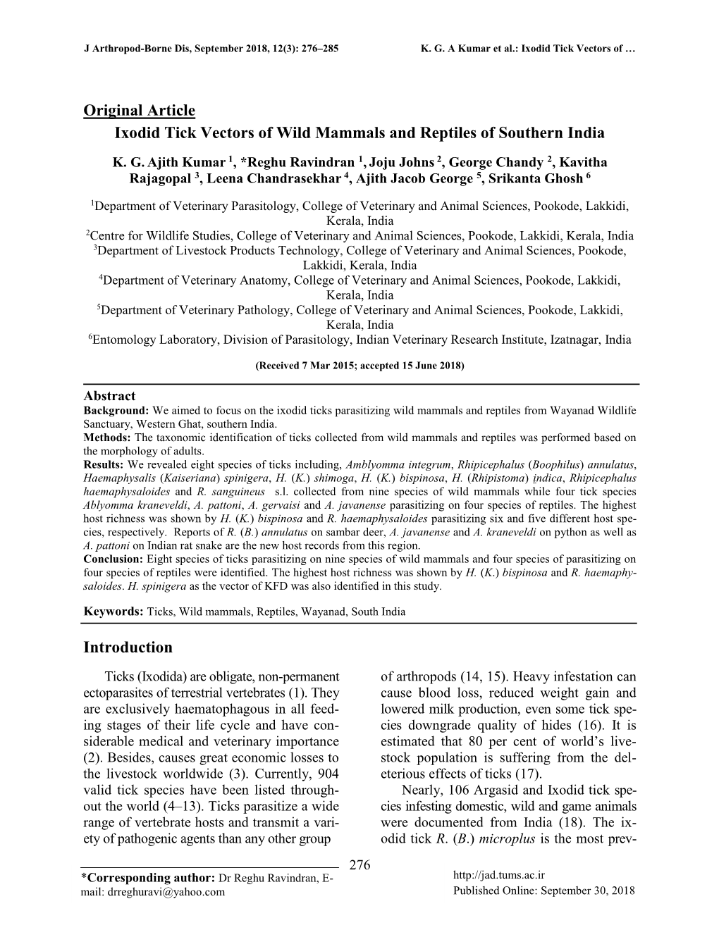 Original Article Ixodid Tick Vectors of Wild Mammals and Reptiles of Southern India Introduction