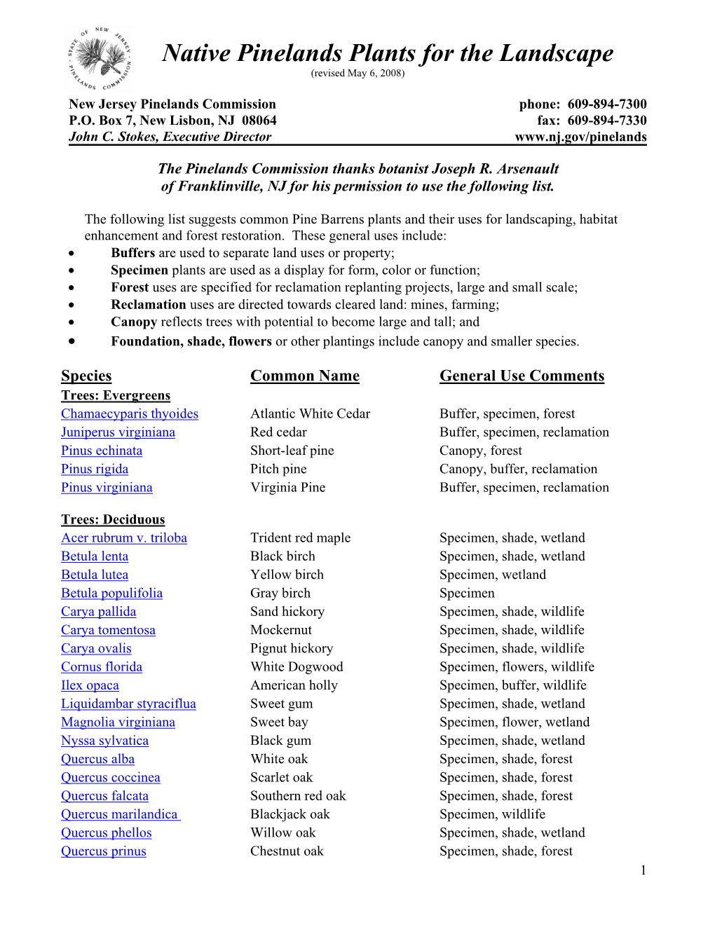 Native Pinelands Plants for the Landscape (Revised May 6, 2008)