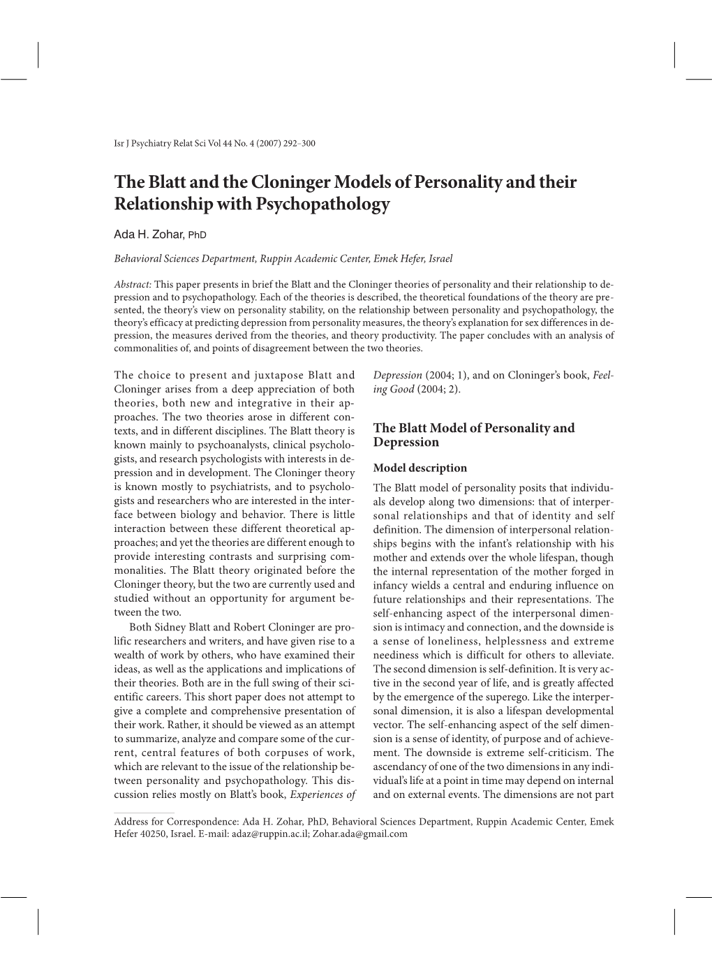 The Blatt and the Cloninger Models of Personality and Their Relationship with Psychopathology