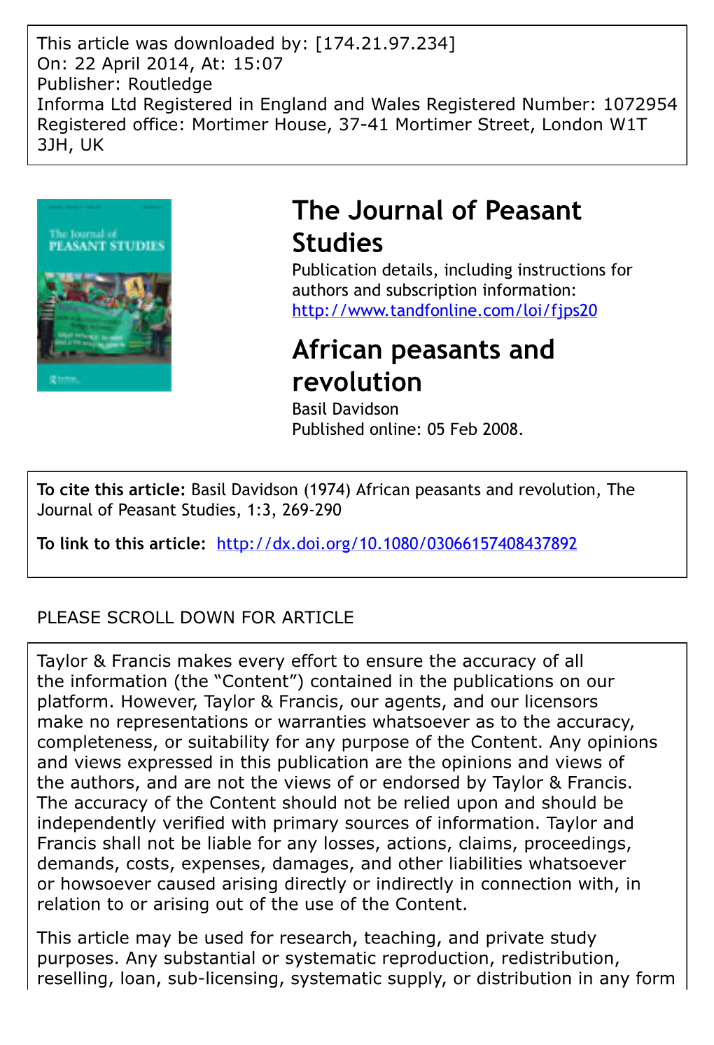The Journal of Peasant Studies African Peasants and Revolution