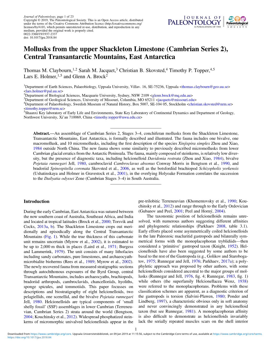 Mollusks from the Upper Shackleton Limestone (Cambrian Series 2), Central Transantarctic Mountains, East Antarctica