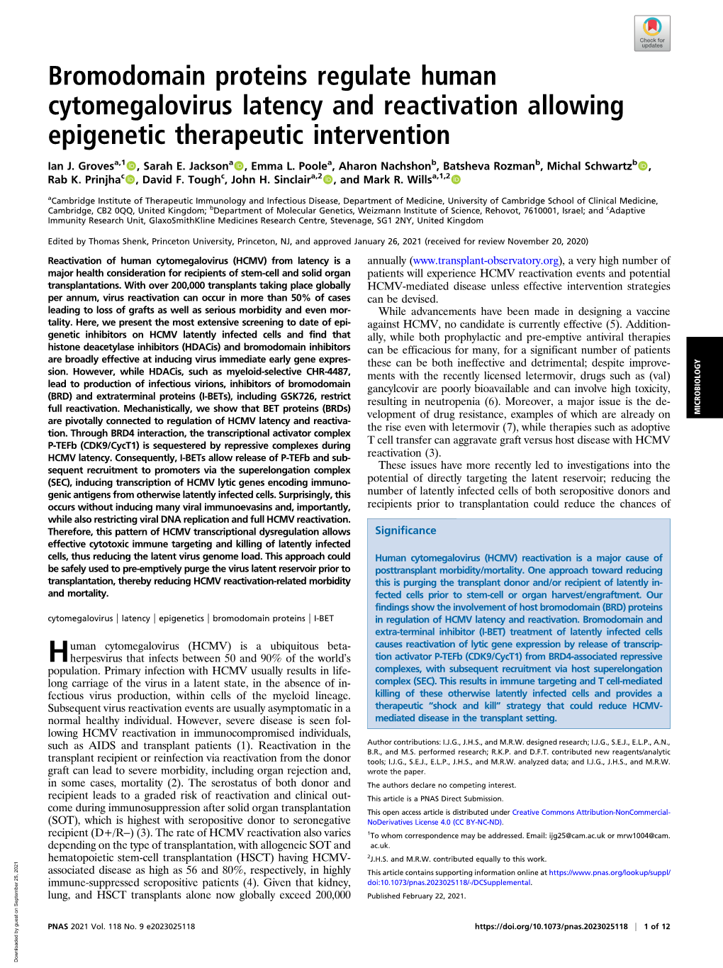 Bromodomain Proteins Regulate Human Cytomegalovirus Latency and Reactivation Allowing Epigenetic Therapeutic Intervention