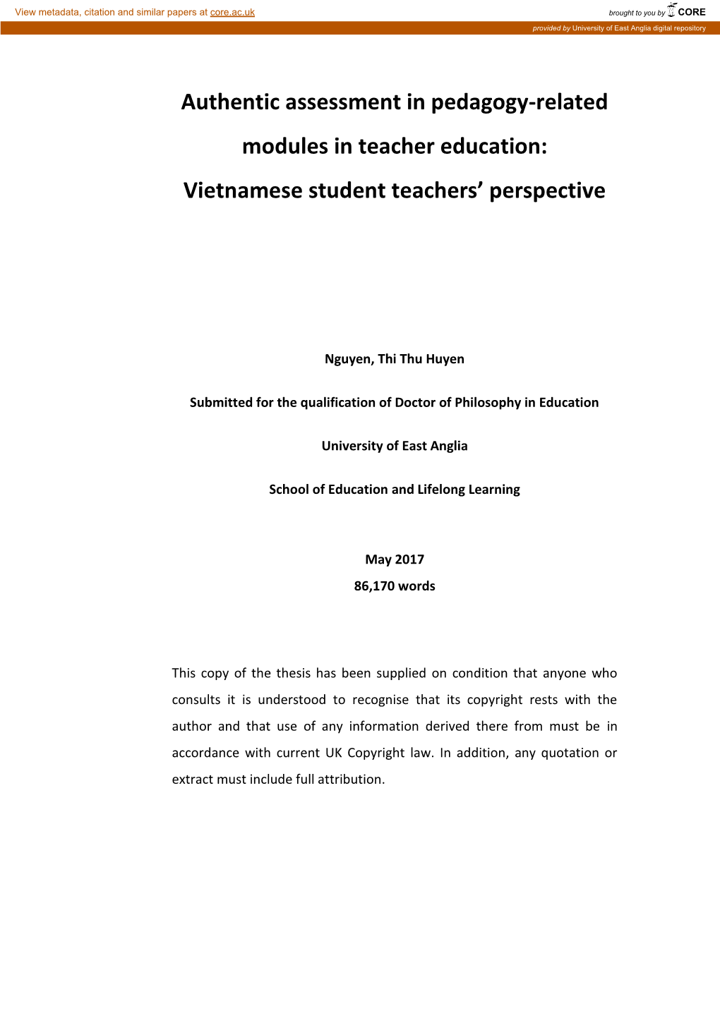 Authentic Assessment in Pedagogy-Related Modules in Teacher Education: Vietnamese Student Teachers’ Perspective