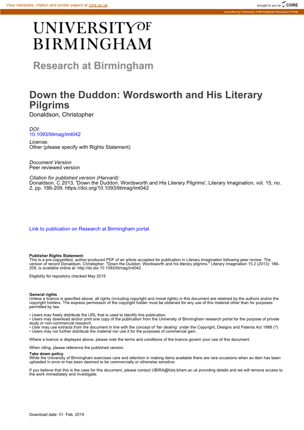 Down the Duddon: Wordsworth and His Literary Pilgrims Donaldson, Christopher