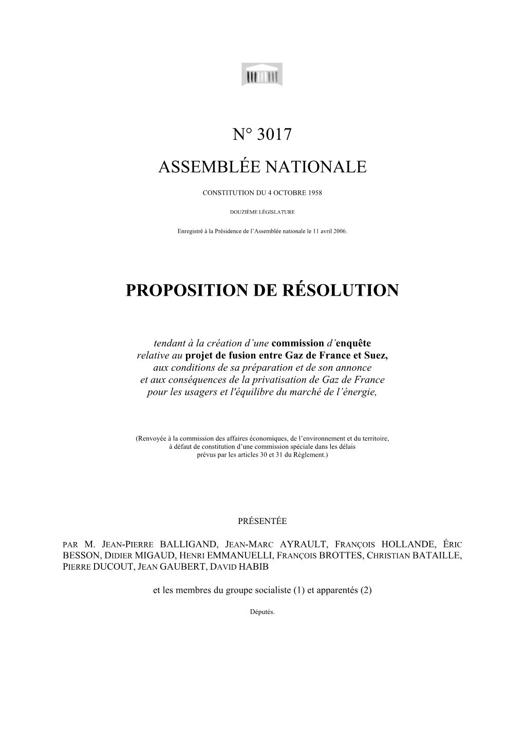 N° 3017 Assemblée Nationale Proposition De Résolution