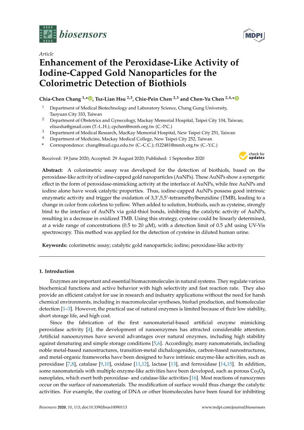 Enhancement of the Peroxidase-Like Activity of Iodine-Capped Gold Nanoparticles for the Colorimetric Detection of Biothiols