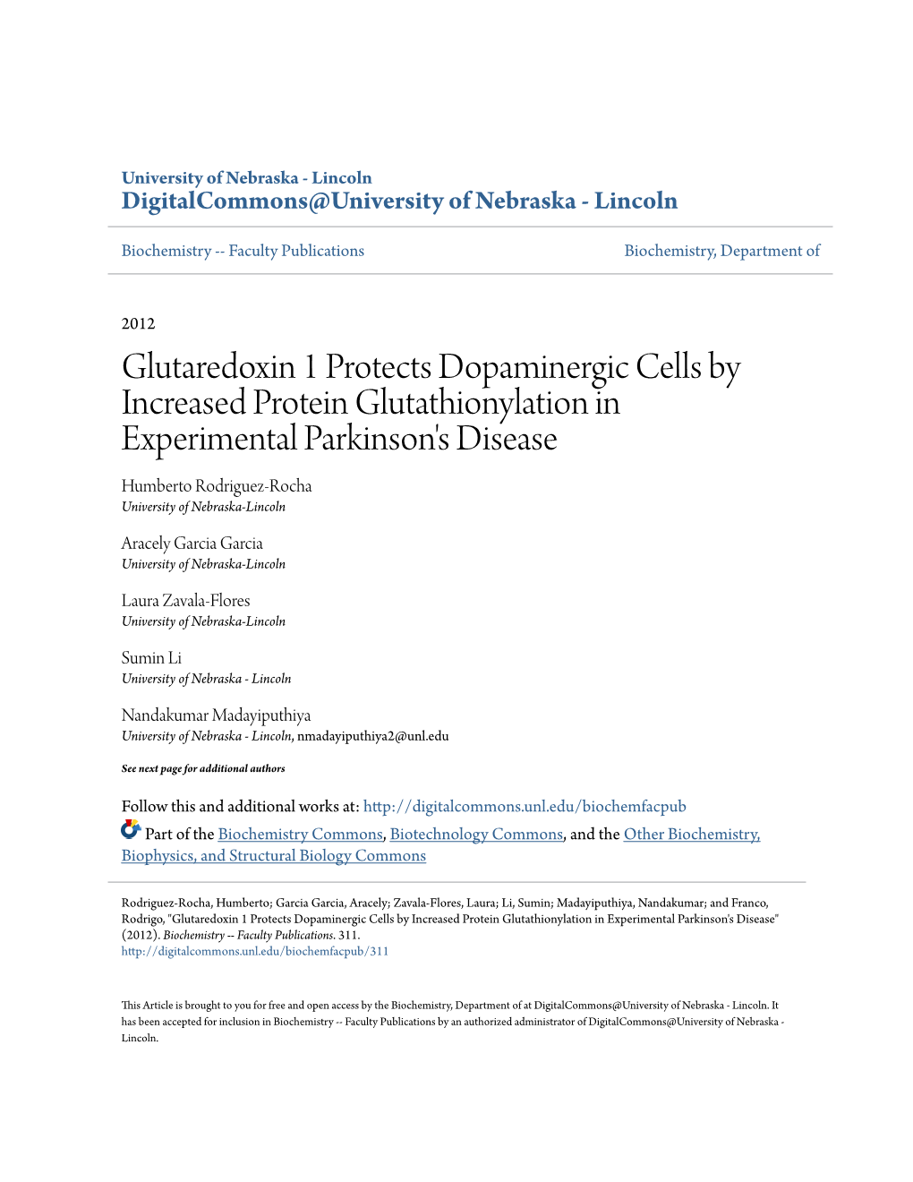 Glutaredoxin 1 Protects Dopaminergic Cells by Increased Protein