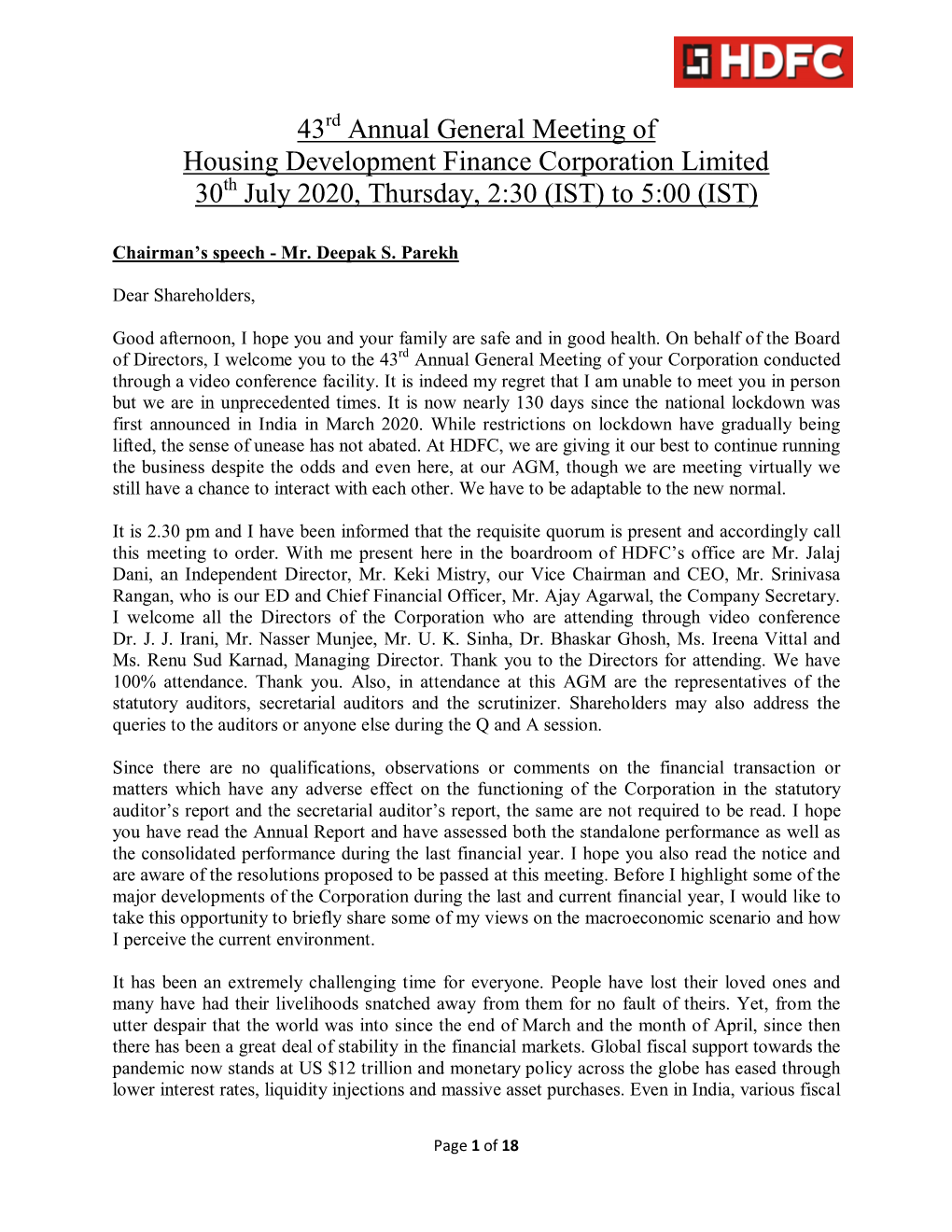 43Rd Annual General Meeting of Housing Development Finance Corporation Limited 30Th July 2020, Thursday, 2:30 (IST) to 5:00 (IST)