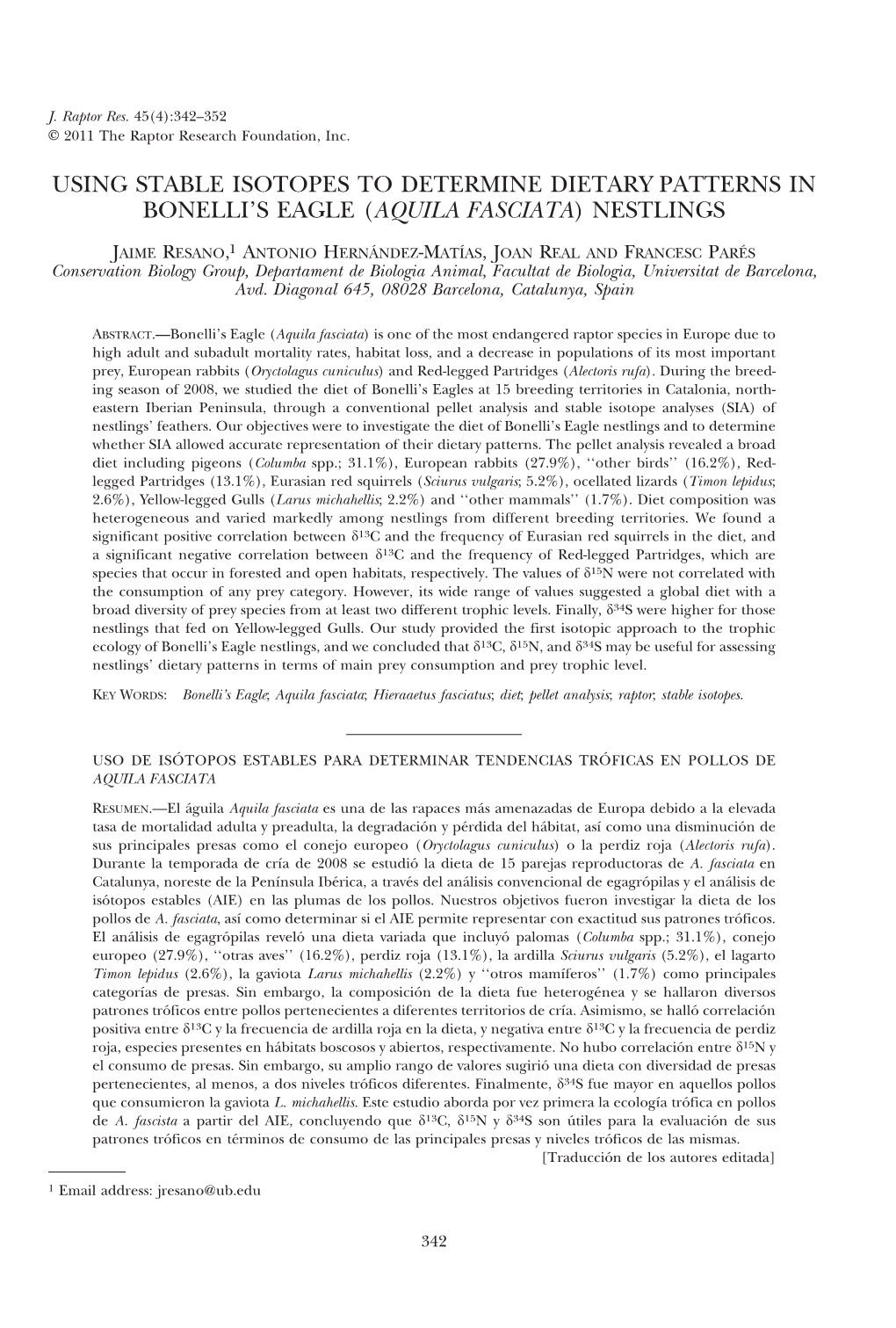 Using Stable Isotopes to Determine Dietary Patterns in Bonelli’S Eagle (Aquila Fasciata) Nestlings