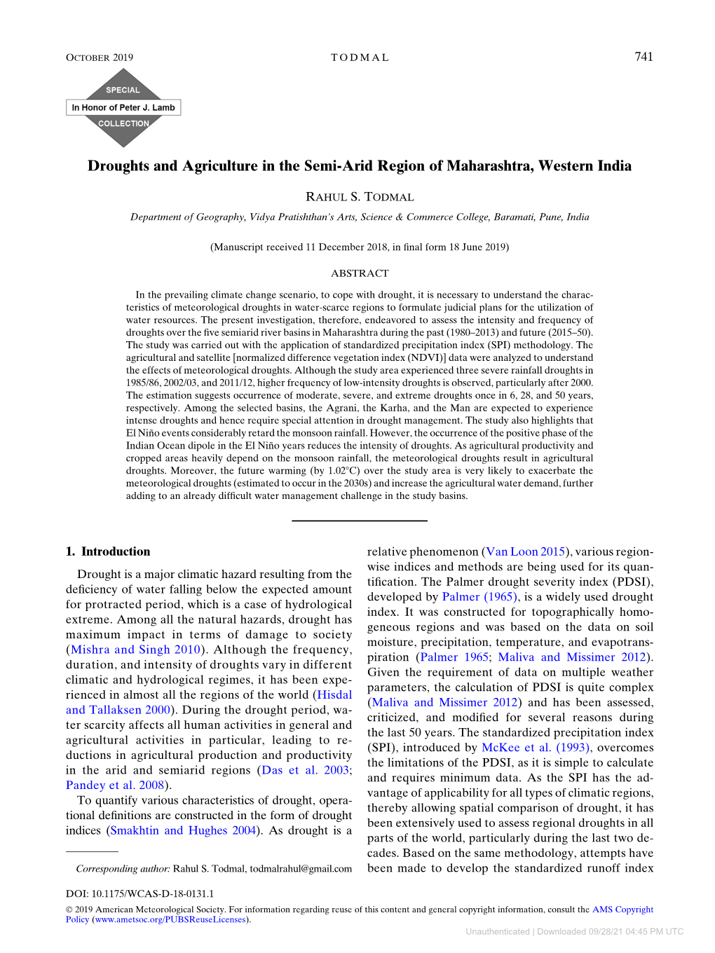 Droughts and Agriculture in the Semi-Arid Region of Maharashtra, Western India