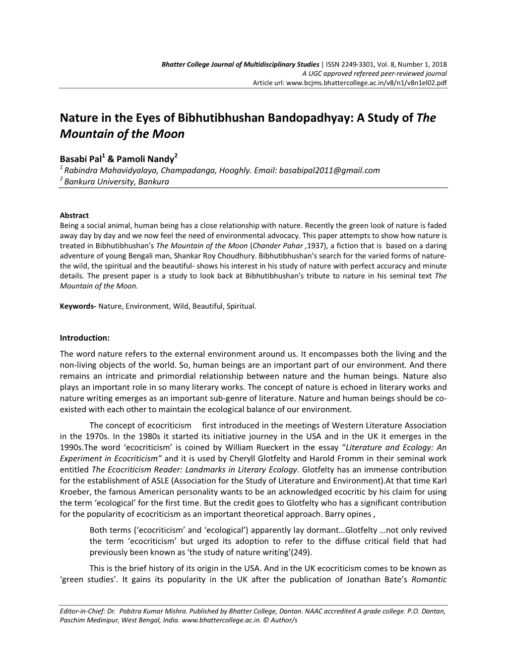 Nature in the Eyes of Bibhutibhushan Bandopadhyay: a Study of the Mountain of the Moon