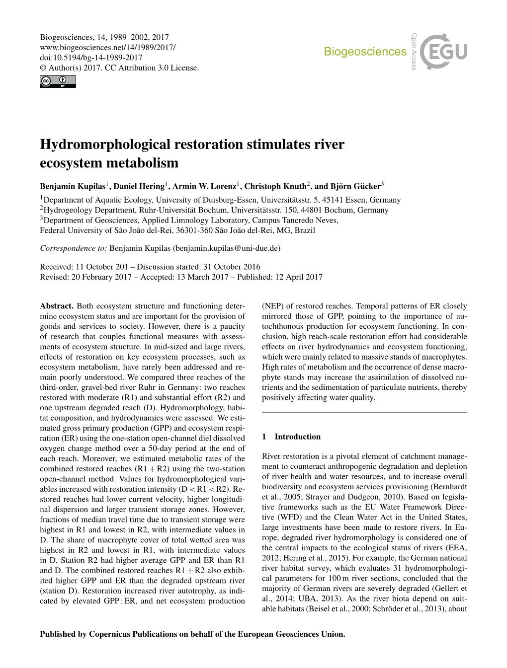 Hydromorphological Restoration Stimulates River Ecosystem Metabolism